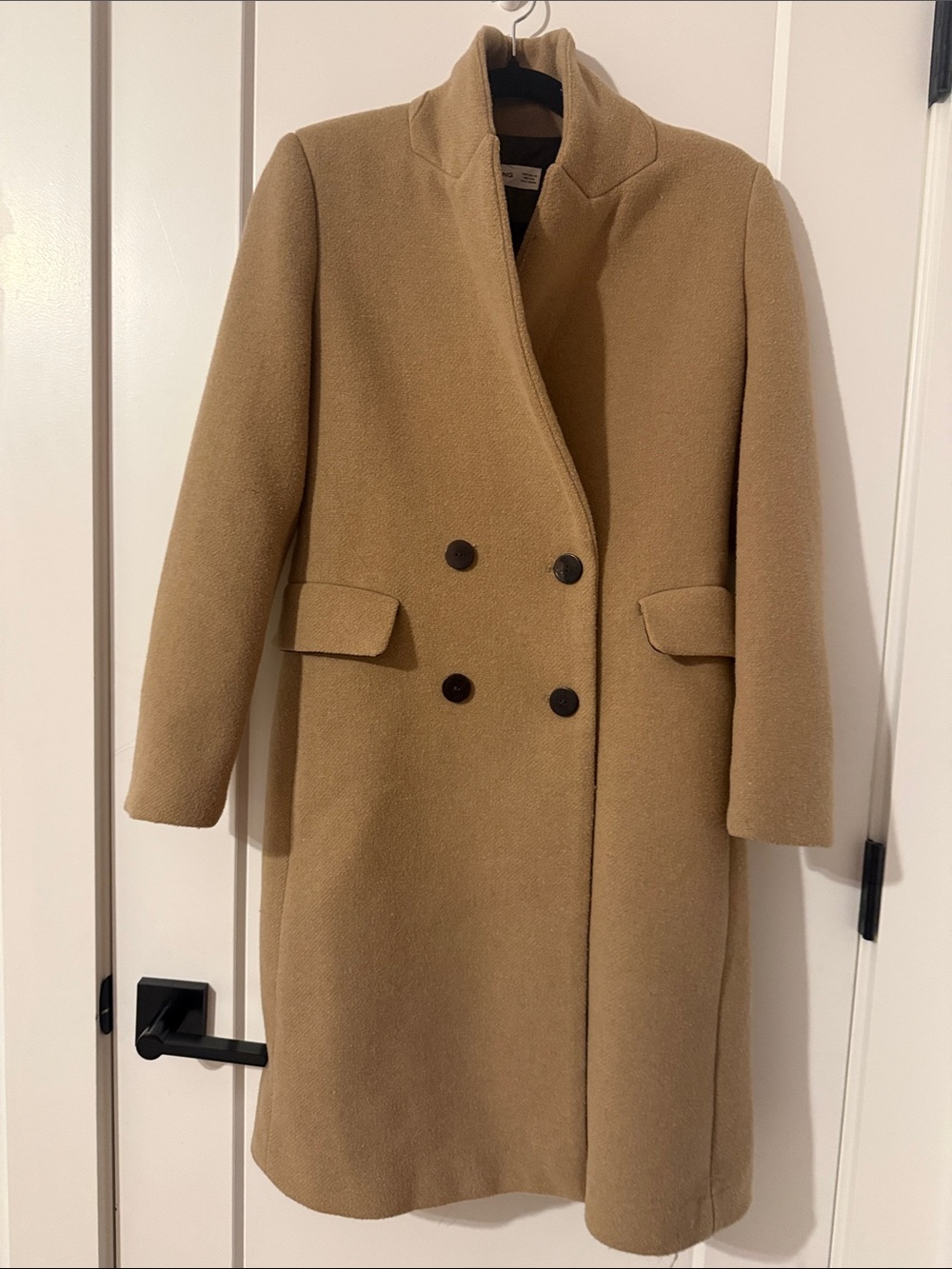 Mango Double-Breasted Wool Coat in Camel